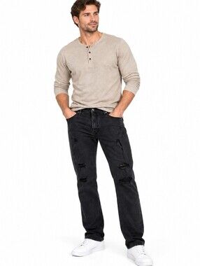 True Luck Mens Straight Leg Jeans Size 36 X 30 Black Denim Distressed Stretchy K